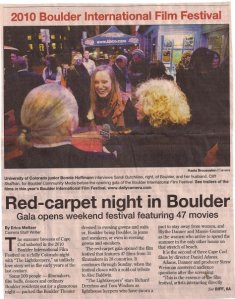 BCM reporter Bonnie Hoffman on the BIFF red carpet in front of the Boulder Theater the 