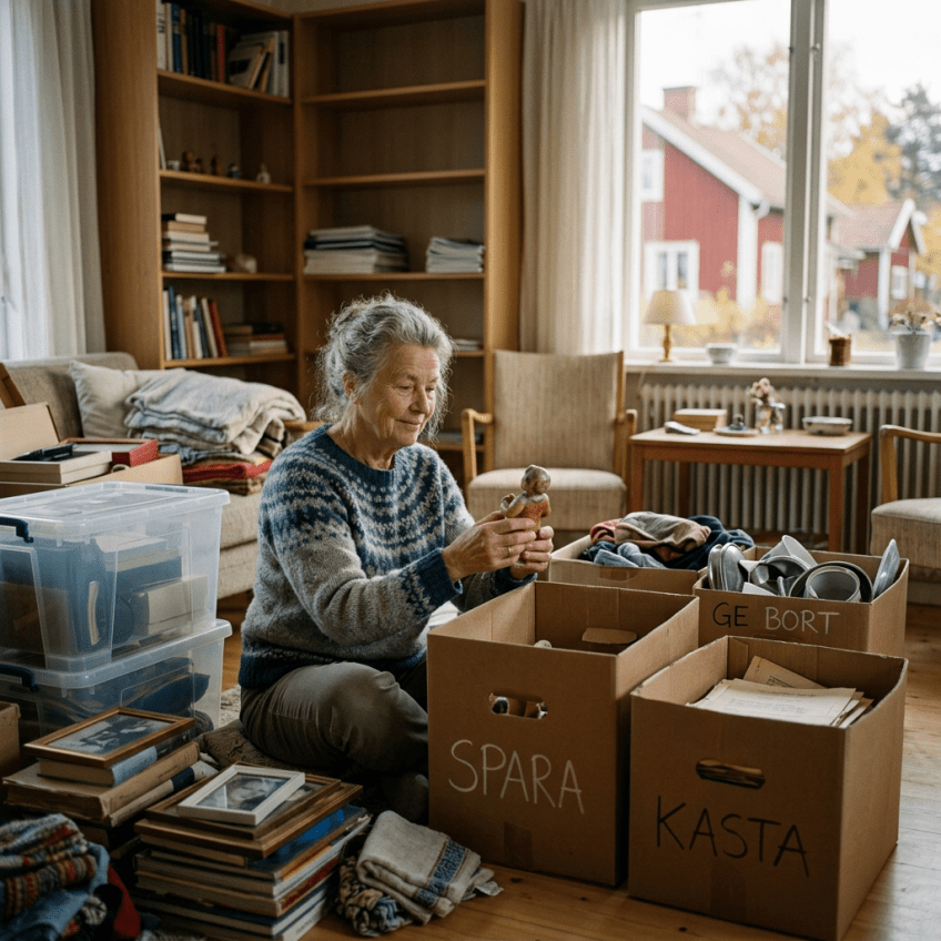 Elderly woman sorting belongings into boxes labeled keep, donate, and discard
