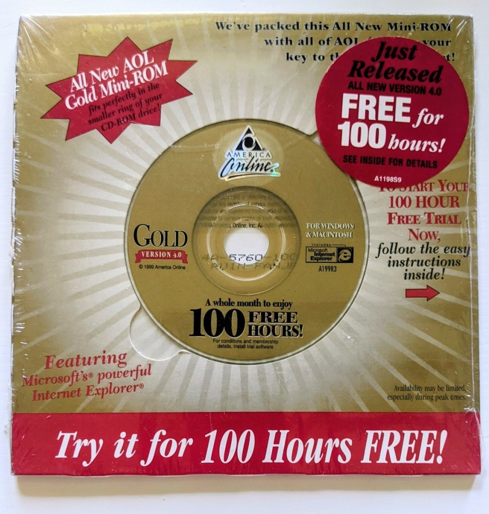 A package containing an AOL Gold Mini-ROM CD, featuring a promotional offer for 100 free hours of internet access, highlighting compatibility with Windows and Macintosh.