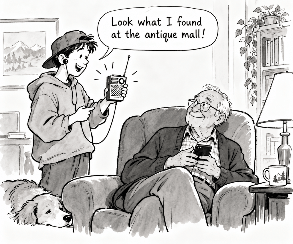 A boy excitedly shows an old radio he found at an antique mall to an elderly man sitting in a chair, who is smiling and holding a smartphone. A dog rests on the floor nearby.