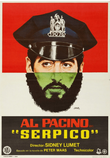 Movie poster for 'Serpico' featuring a split image of a police officer in a hat and a man with a beard. The text includes 'Al Pacino en "Serpico"' and credits for director Sidney Lumet.