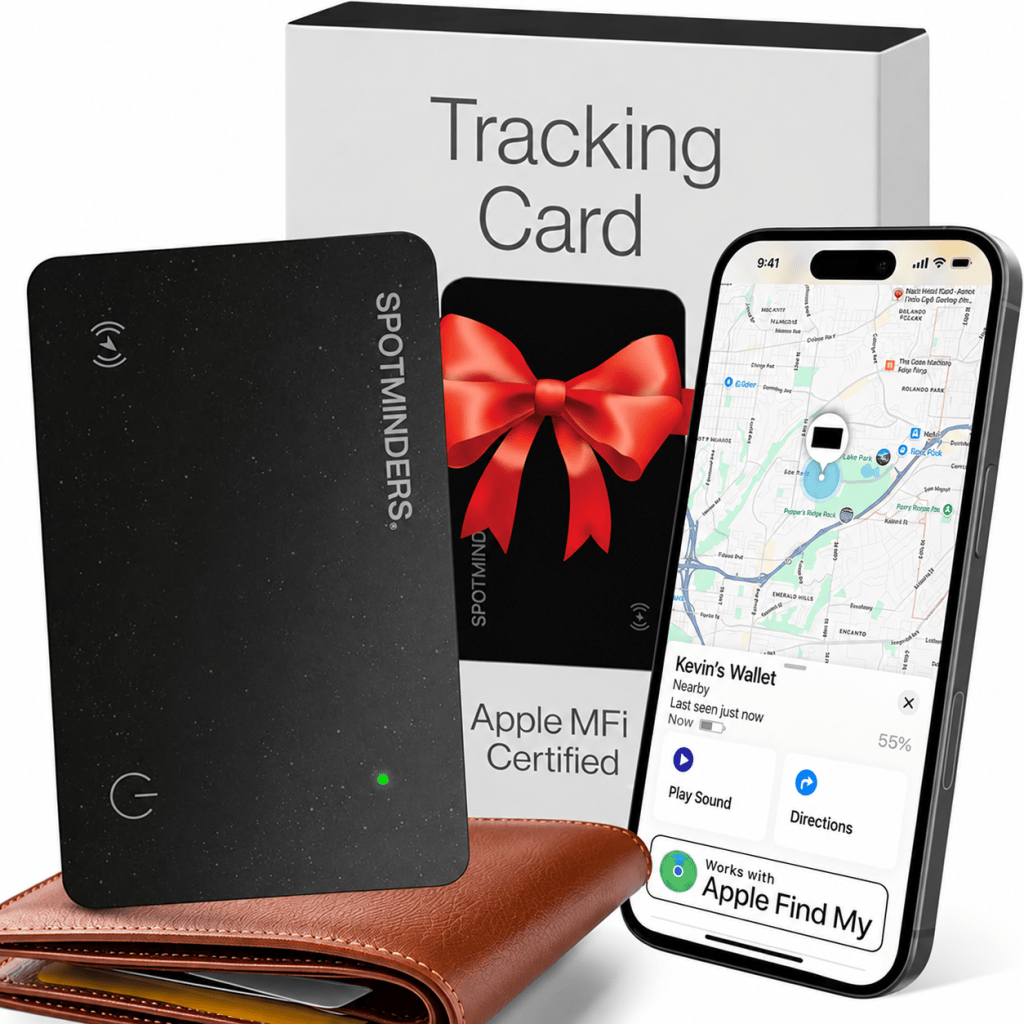 A black tracking card from SpotMinders, presented in a box with a red bow, next to a smartphone displaying a map and location information for Kevin's Wallet.