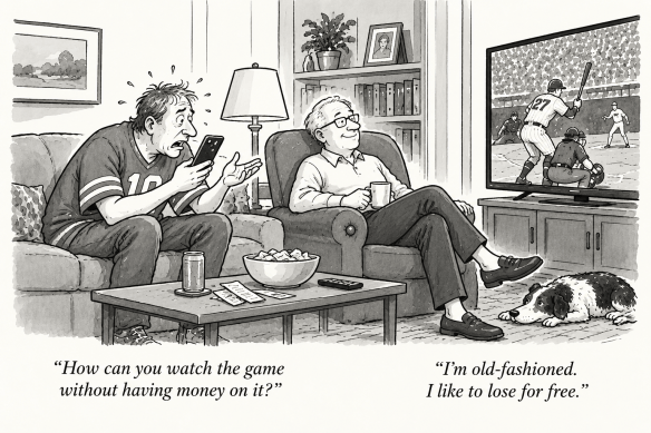 A cartoon depicting two men watching a baseball game. One man, visibly anxious and holding a phone, asks how to watch without betting money. The other man, relaxed with a drink, humorously replies that he prefers to lose for free.
