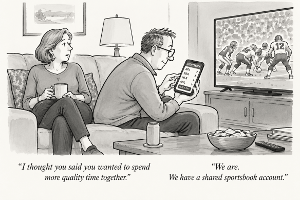A couple sitting on a couch, with the woman looking at the man holding a tablet, expressing confusion about quality time together. They are watching a football game on TV, emphasizing their shared sportsbook account.