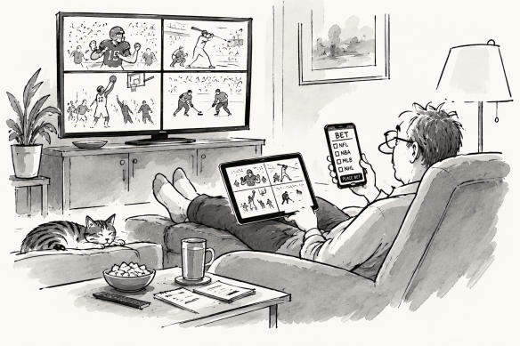 A man sitting on a couch watching multiple sports games on a large TV while using a tablet and a smartphone to place bets. A cat is resting nearby, and there are snacks on the coffee table.