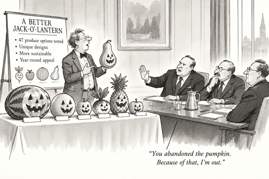 A cartoon depicting a man presenting various creatively designed jack-o'-lantern alternatives to a panel of three men at a conference table, with one man expressing disappointment over abandoning traditional pumpkins.